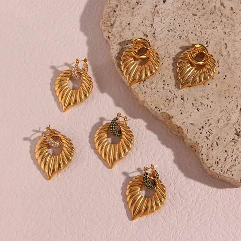 Orecchini A Cerchio Con Pendente A Foglia Retro Placcato Oro 18K Acciaio Inossidabile Strass Gioielli Moda Per Donna