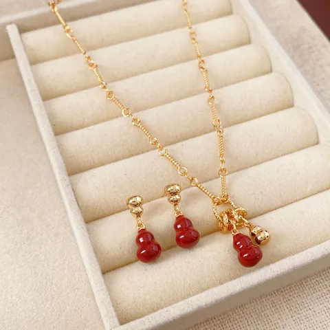 18K Vergoldetes Kupfer Halskette Und Ohrringe Mit Silbernen Ohrsteckern Roter Gourd Vintage Chinesischer Stil Schmuck