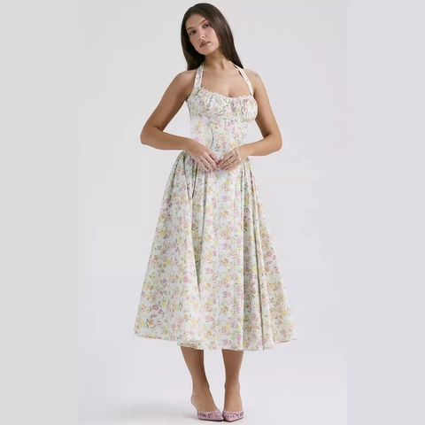 Damen Halter Rückenfreies Blumen Midikleid Französisch Retro Cottagecore Hohe Taille Ärmellos Elegant