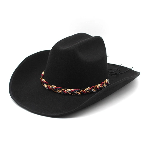 Western Cowboy Hat Woolen Felt Wide Brim Roll Edge Braided Band Ethnic Retro Fedora For Men Women