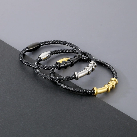 Bracciale Da Uomo In Pelle Intrecciata Chiusura Magnetica In Acciaio Inossidabile Tubo Geometrico Gioielli