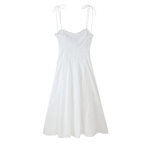 White Maxi Dress Spaghetti Strap Tie Shoulder Ruffle Neckline High Waist A-Line Swing Long Polyester Elegant Summer Women