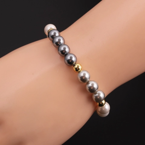 Elegante Pulsera De Cuentas Con Perlas Artificiales De Concha Multicolor Y Cuentas De Cobre Para Mujer Joyería Elástica