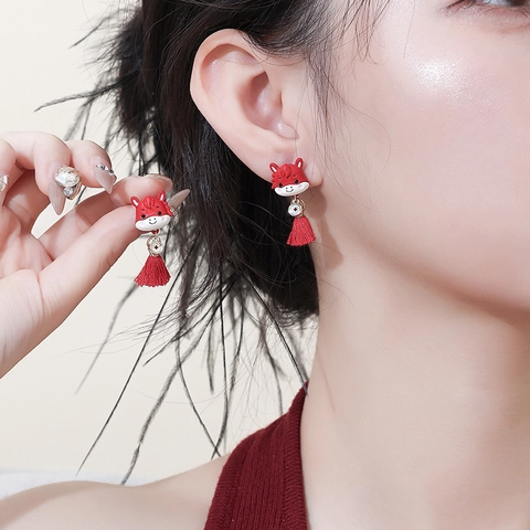 Cartoon Horse Tassel Stud Earrings Alloy Enamel With Silver Earring Post Chinese Style New Year Festive Red