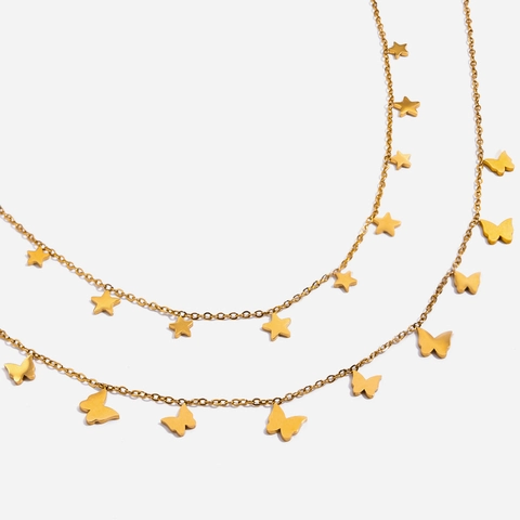 Collana Con Pendente Stella E Farfalla Acciaio Inossidabile Placcato Oro 18K A Strati Gioielli Romantici Donna