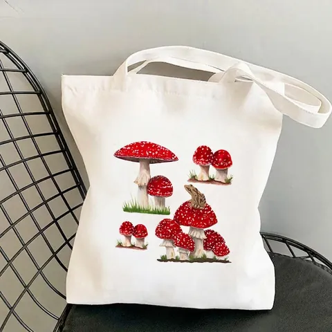 Tote Bag Canvas Frog Mushroom Print Large Capacity Casual Shoulder Handbag Cute Cartoon Artistic For Women Student