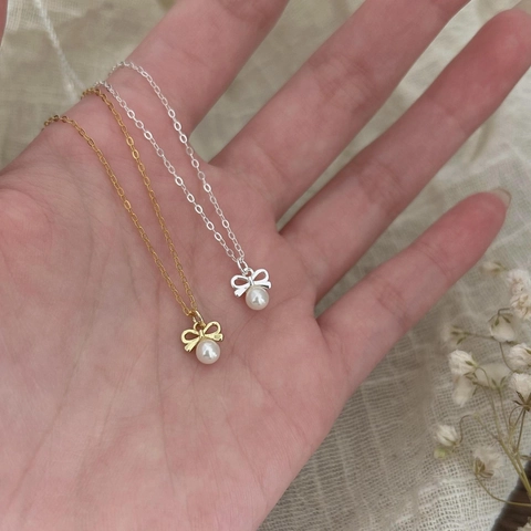 Bowknot Artificial Pearl Pendant Necklace 925 Sterling Silver Minimalist Korean Style Elegant Jewelry For Women