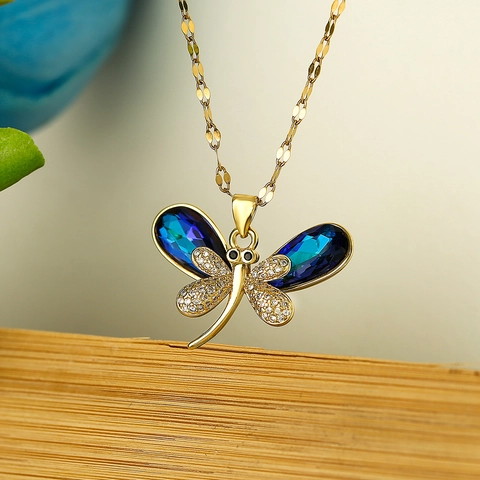 Collana Con Ciondolo A Libellula Rame Placcato Oro Con Zircone E Cristalli Blu Catena Per Clavicicola Da Donna