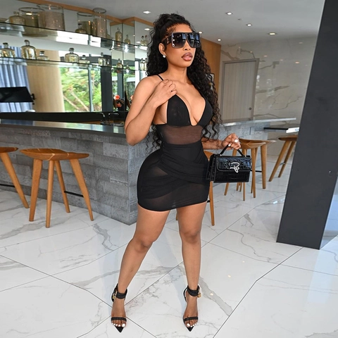 Sexy Halter Mesh Dress See-Through V-Neck Hollow Out Side Slit Sleeveless Milk Satin Clubwear Party Mini Dress For Women