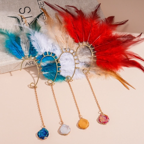 Bohemian Feather Ear Hook Cuff Long Tassel Alloy Resin Crystal Exaggerated Retro Jewelry For Women