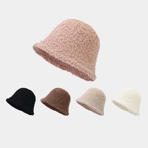 Bucket Hat Faux Lamb Wool Thick Warm Winter Windproof Solid Color Vintage Casual Fisherman Hat For Women