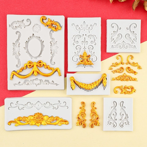 Baroque Relief Silicone Mold Vintage Scrollwork Lace Flower Frame For Fondant Cake Decoration Chocolate Resin DIY Crafting