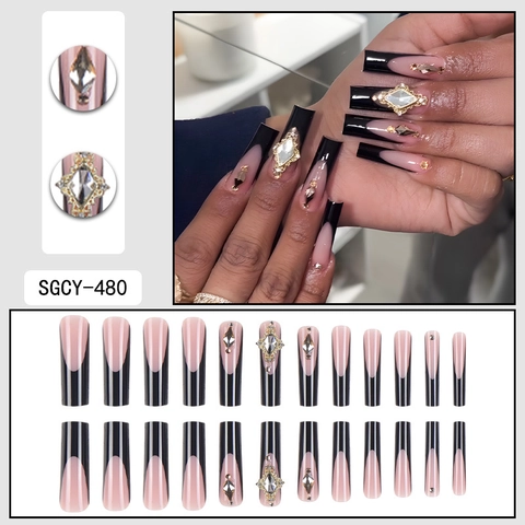 Lange Coffin Plaknagels Zwarte Franse Tips Met Strass En Goudlegering Luxe Charm Elegant Modieus