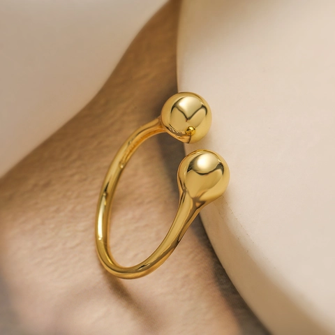 Minimalist Gold Plated Copper Open Adjustable Double Round Ball Geometric Smooth Finger Ring For Women