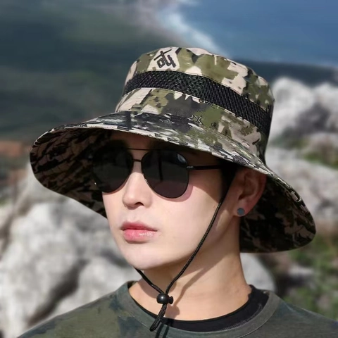 Camouflage Fischerhut Polyester Atmungsaktiv Sonnenschutz Wandern Angeln Winddichtes Seil