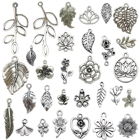 Plant Charms Mixed Flower Leaf Branch Hollow Design Antique Silver Alloy For DIY Jewelry Necklace Bracelet Making Crafts
