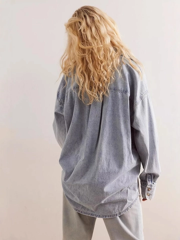 Camicia Di Jeans Da Donna Allentata Oversized Cotone Maniche Lunghe Vintage Casual Lavaggio Blu Chiaro Top Bottoni Retrò