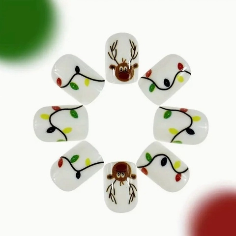 Christmas Reindeer Press On Nails Short Square Colorful String Lights Cartoon Festive Manicure Accessories Women