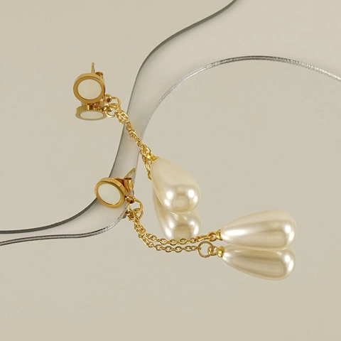 Französischer Stil Hängeohrringe 18K Vergoldeter Edelstahl Mit Tropfenförmiger Kunstperle Und Muscheleinleger Schmuck Für Damen