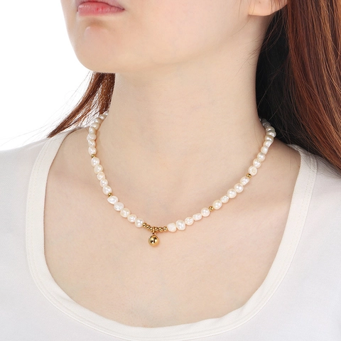 Kunstparelketting Voor Dames Roestvrij Staal Verguld Ronde Kraal Stiksels Frans Retro Elegant Choker Verstelbaar