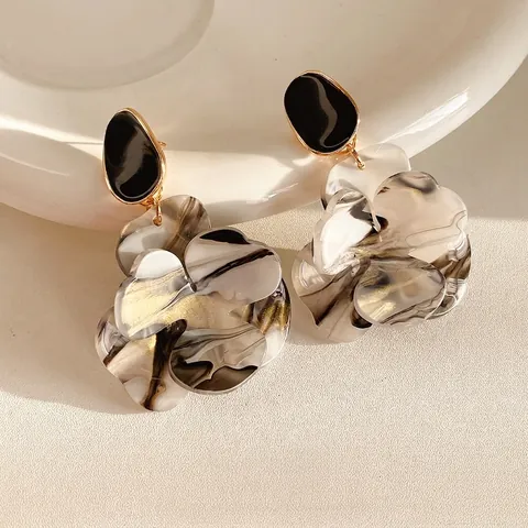 French Vintage Flower Drop Earrings Resin Marble Ink Pattern With Silver Earring Post Elegant Statement Jewelry Women