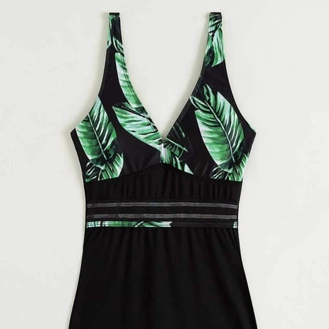 Costume Da Bagno Intero Donna Stampa Foglie Di Palma Tropicale Scollo A V Vita In Rete Conservatore