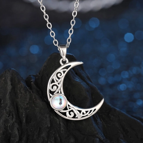 Crescent Moon Pendant Necklace Copper With Round Imitation Moonstone Filigree Hollow Vintage Celestial Jewelry For Women