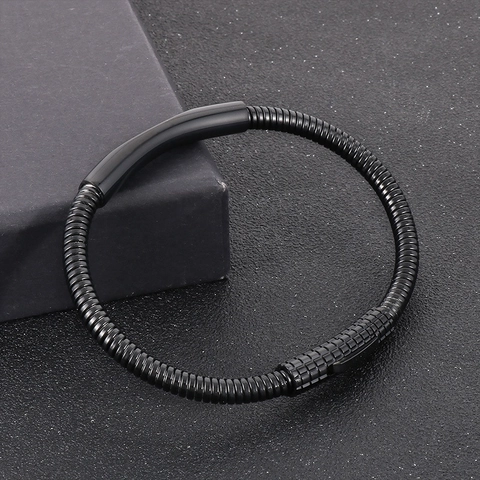 Men Stainless Steel Bracelet Threaded Spring Snake Chain Curved Plate Minimalist Industrial Business Jewelry