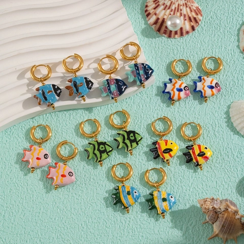 Bunte Tropische Fisch Creolen Emaille Tier Anhänger Edelstahl Wasserdicht Hypoallergen Nischenschmuck