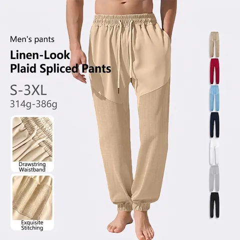Pantalones De Jogging Casuales Para Hombre Diseño Empalmado Textura Lino Cordón Cintura Elástica