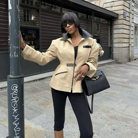 Giacca Clessidra Donna Patchwork Pelle PU Revers Cerniera Spalline Slim Fit Streetwear Chic