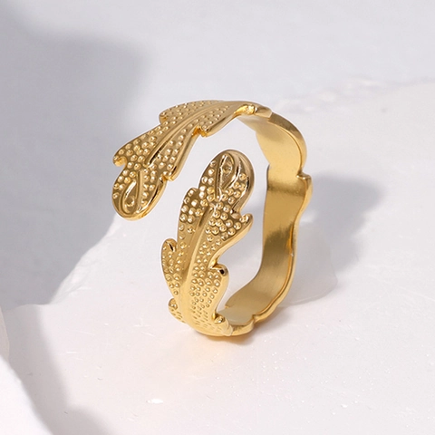 Anillo Abierto Hoja Acero Inoxidable Ajustable Minimalista Textura Pluma Elegante Joyería Moda Para Mujer Estilo