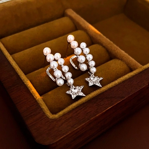 Elegant Star Artificial Pearl Drop Earrings With Silver Earring Post Copper Zircon Inlaid Versatile Fashion Jewelry For Women