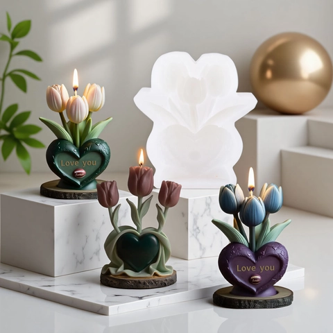 Tulip Flower Heart Scented Candle Silicone Mold DIY Handmade Soap Resin Gypsum Craft Tool Romantic Home Decor Floral