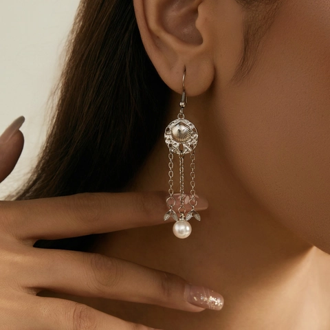 Western Style Stainless Steel Artificial Pearl Tassel Drop Earrings For Women Shell Design Handmade Fashion Jewelry Gift