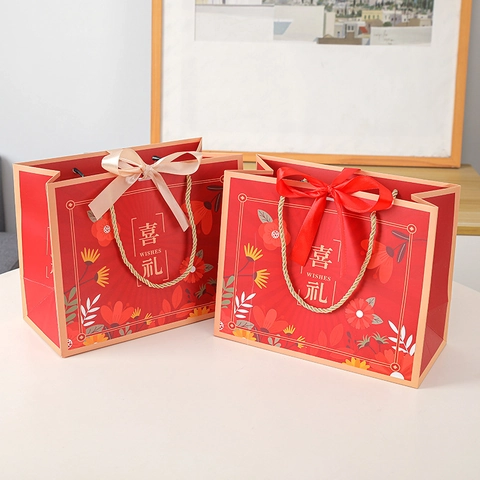 Wedding Gift Bags Red White Cardboard With Ribbon Bow Gold Handle For Festival Candy Birthday Party Favors Floral Wishes