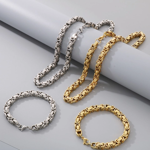 Collar De Cadena Bizantina Titanio Acero Inoxidable Patrón De Llave Griega Chapado En Oro De 18K Punk Hip Hop Para Hombre