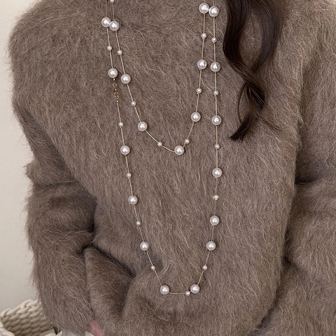 Double Layer Long Sweater Chain Necklace With Imitation Artificial Pearls French Retro Elegant Jewelry For Women Lightweight Style