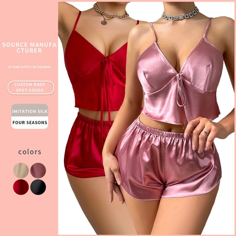 Damen Satin Imitat Satin Pyjama Top Und Shorts Spaghettiträger V Ausschnitt Schleife Rückenfreie Loungewear Nachtwäsche