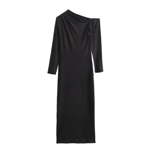 Ein-Schulter Maxikleid Mit Raffungen Asymmetrisch Langarm Figurbetont Polyester Sexy Elegant Einfarbig Mode Damen