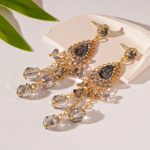 Vintage Teardrop Glass Bead Tassel Drop Earrings With 925 Sterling Silver Earring Post Elegant Palace Jewelry For Women