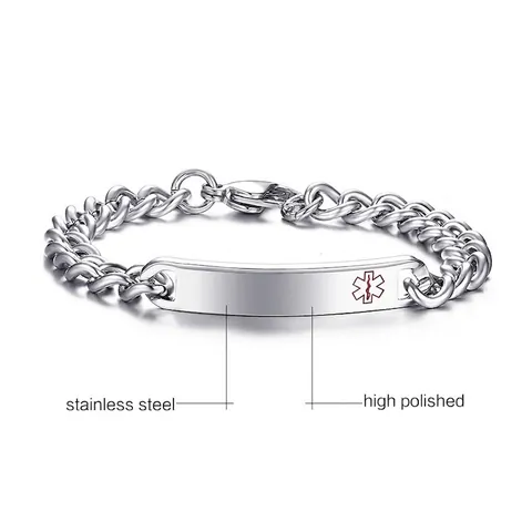 Medical Alert Bracelet Stainless Steel Emergency ID Tag High Polished Curb Chain Jewelry For Men Unisex