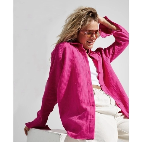 Women Long Sleeve Button Up Shirt Crepe Texture Cotton Gauze Oversized Casual Elegant Solid Color Blouse Top