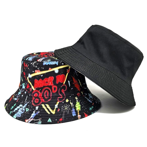 Cappello a Secchiello Reversibile Donna Uomo Vintage Anni 80 Stampa Graffiti Protezione Solare Pieghevole Poliestere Stile Retro Neon