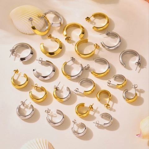 Chunky C Shaped Hoop Earrings High Polished Stainless Steel Bicolor Minimalist Trendy Jewelry For Women