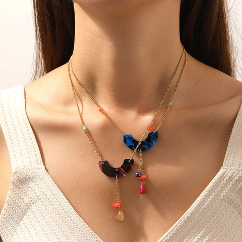 Bohemian Pendant Necklace For Women 18K Gold Plated Stainless Steel Arch Resin Marble Detail With Colorful Bead Tassels