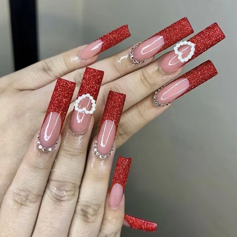 Extra Long Square Press On Nails Red Glitter French Tip With Rhinestone Artificial Pearl Heart Decor Elegant Fake Nails For Women