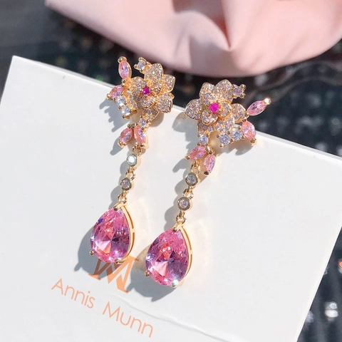 Rose Blume Träne Baumeln Ohrringe Rosa Kristall Elegant Lange Tropfen Schmuck Für Frauen Mit Silbernen Ohrringstecker