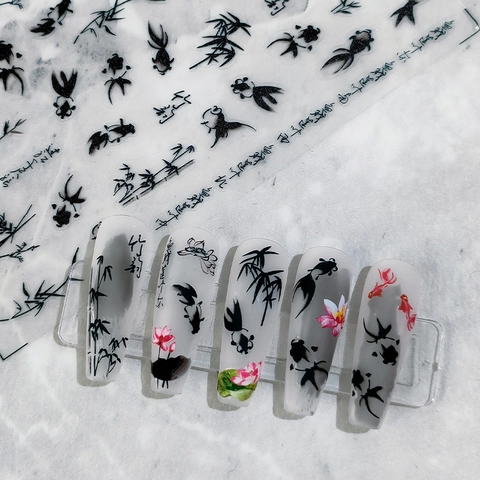 Chinese Ink Style Nail Art Stickers Goldfish Bamboo Lotus Pattern Ultra Thin Adhesive DIY Manicure Decals Decoration