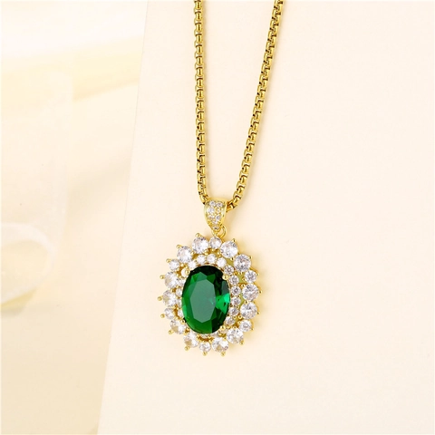 Collana Con Pendente In Zircone Verde Ovale Acciaio Inossidabile Geometrico Strass Gioielli Eleganti Per Donna